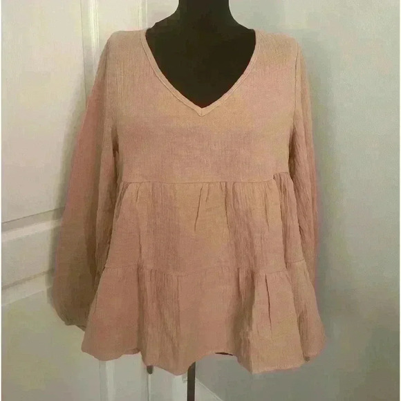 BiBi Women’s Small‎ Peach Crepe V Neck Long Sleeve Babydoll Ruffled Swing Blouse - Picture 1 of 11